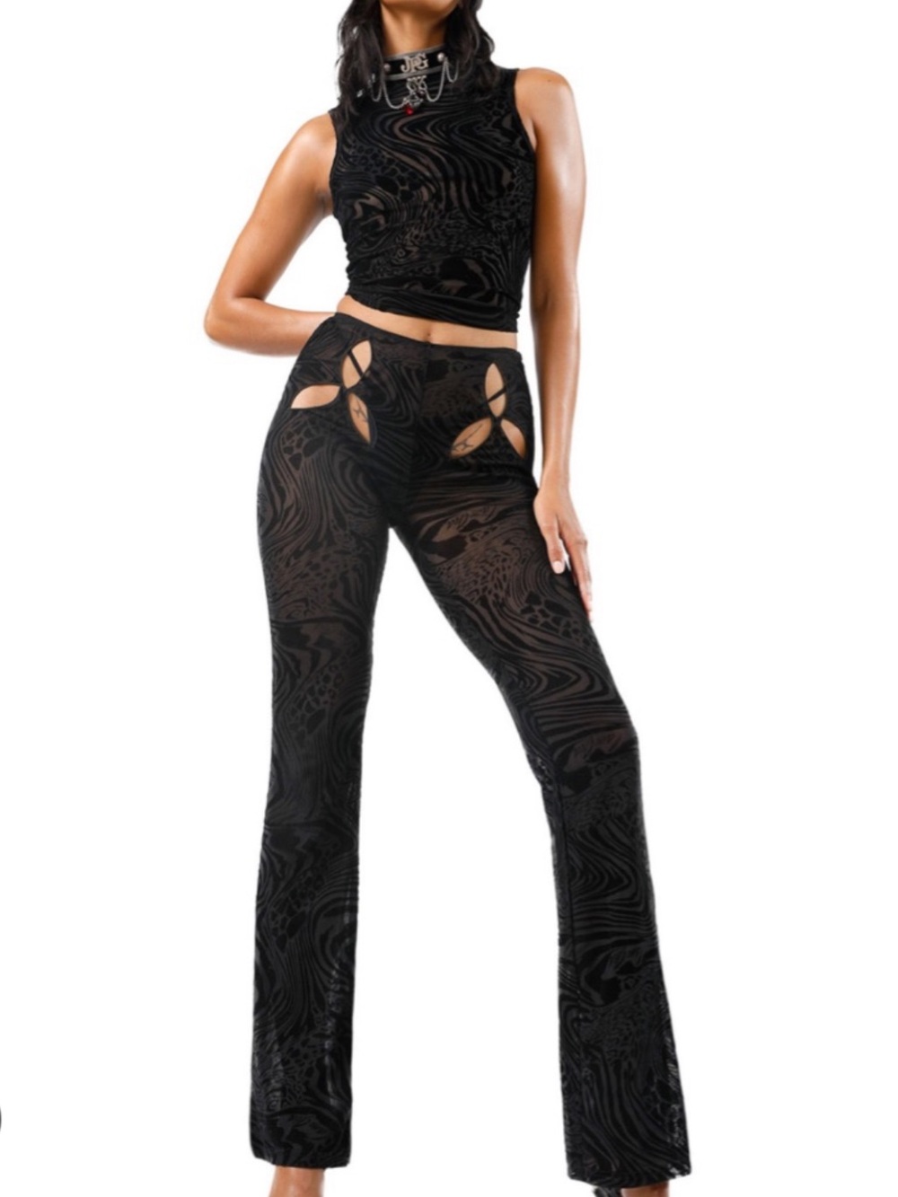 Fashion Nova Black Velvet Flocked Cutout Flared Pants